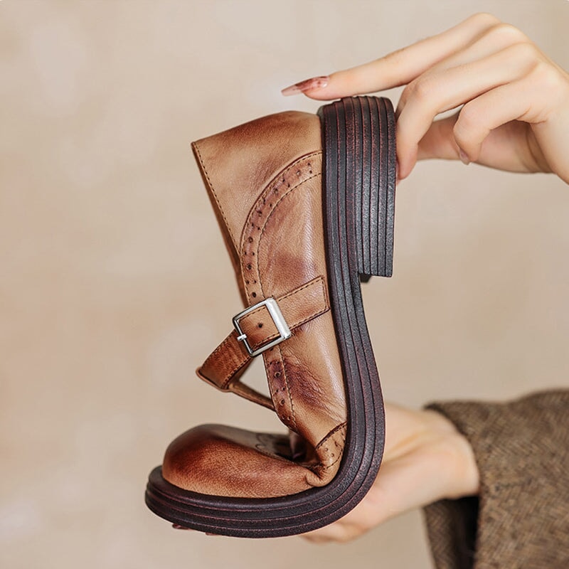 Women's T-Strap Shoes with Textured Look and Perforated Details
