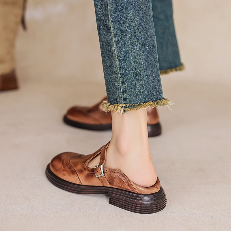 Women's T-Strap Shoes with Textured Look and Perforated Details