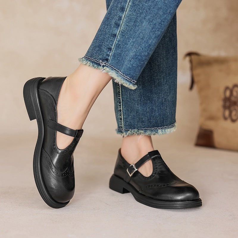 Women's T-Strap Shoes with Textured Look and Perforated Details