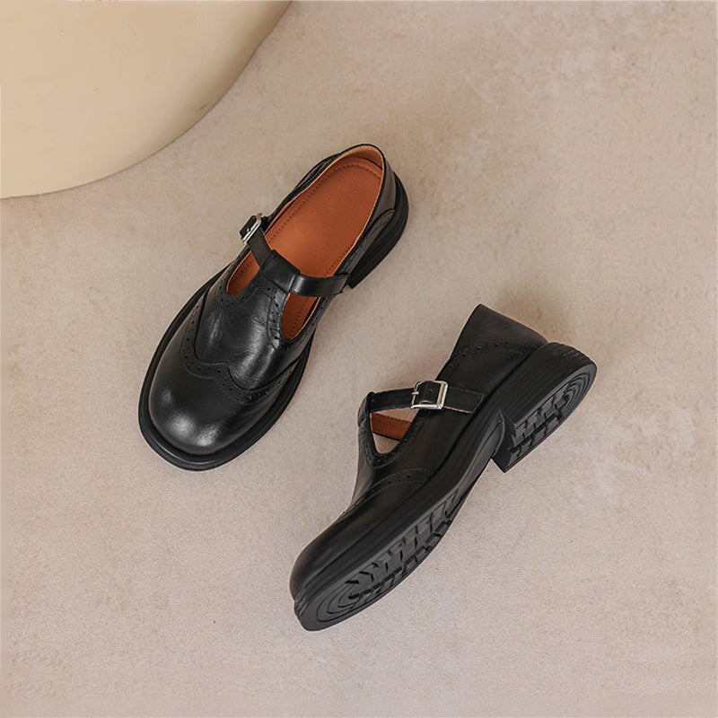 Women's T-Strap Shoes with Textured Look and Perforated Details