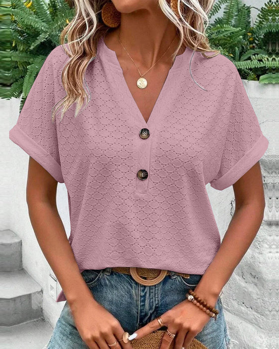 Women's Textured Short Sleeve V-Neck Button Blouse