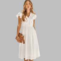 Women's V-Neck Pleated Midi Dress