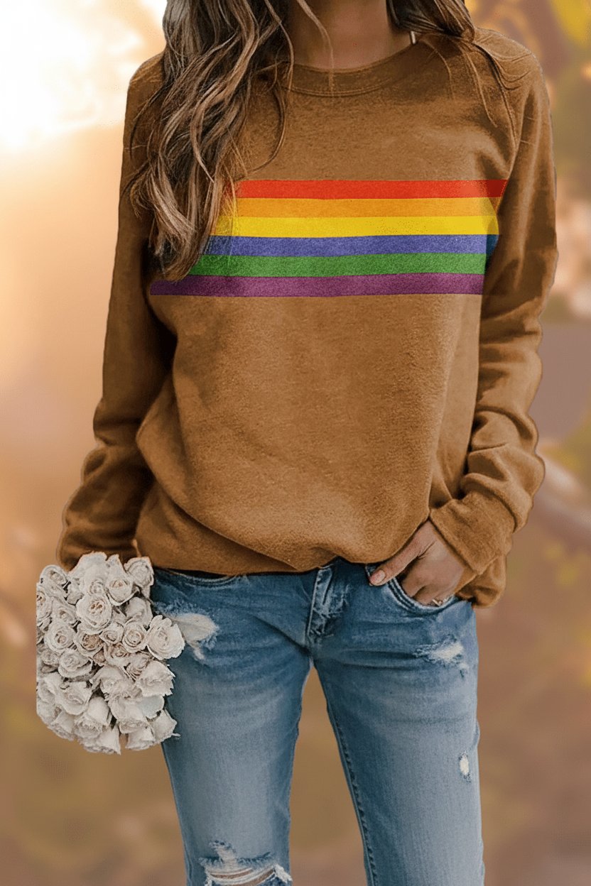 Women's Vintage Rainbow-Striped Relaxed-Fit Pullover Sweatshirt